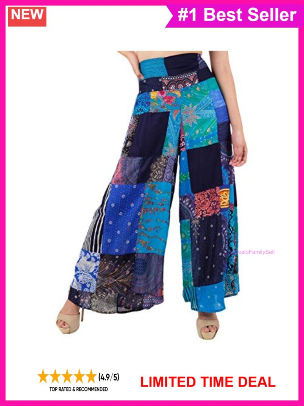 Wide Leg Palazzo Pants Patchwork Rayon Elastic Waist Hippie Yoga